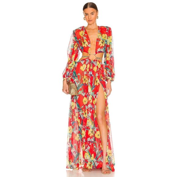 Bronx and Banco Red Floral Maxi Dress with Yellow Accents
